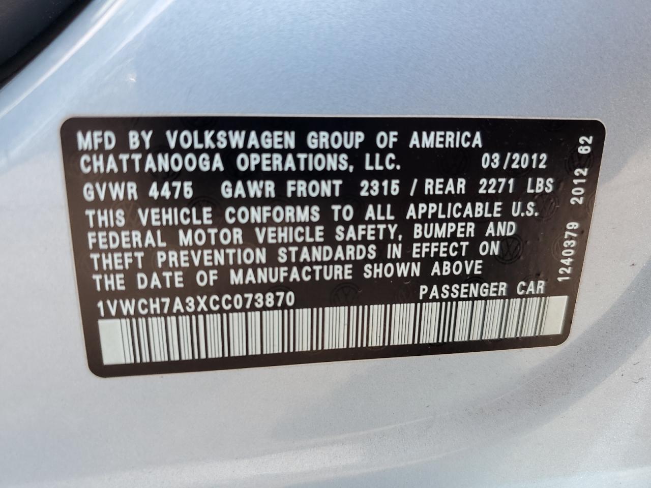 1VWCH7A3XCC073870 2012 Volkswagen Passat Sel