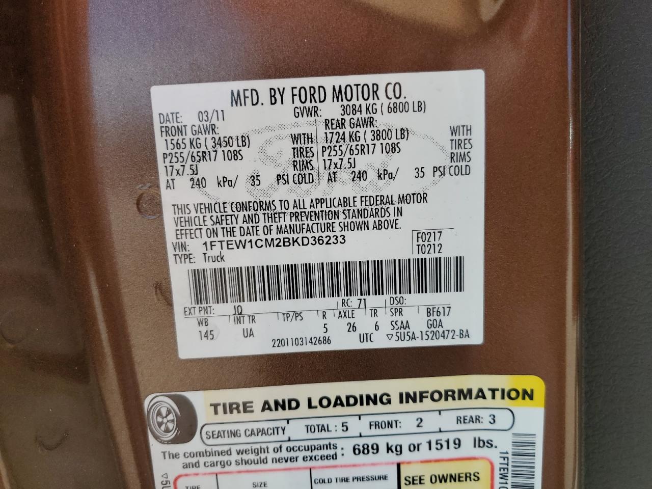 2011 Ford F150 Supercrew VIN: 1FTEW1CM2BKD36233 Lot: 77259744