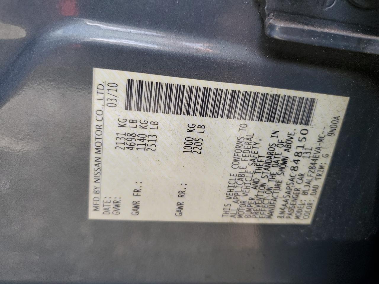 1N4AA5AP5AC848150 2010 Nissan Maxima S