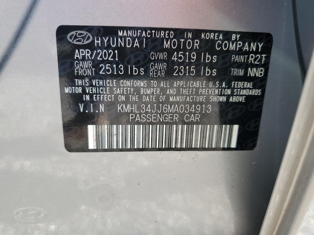 2021 Hyundai Sonata Hybrid VIN: KMHL34JJ6MA034913 Lot: 73885224