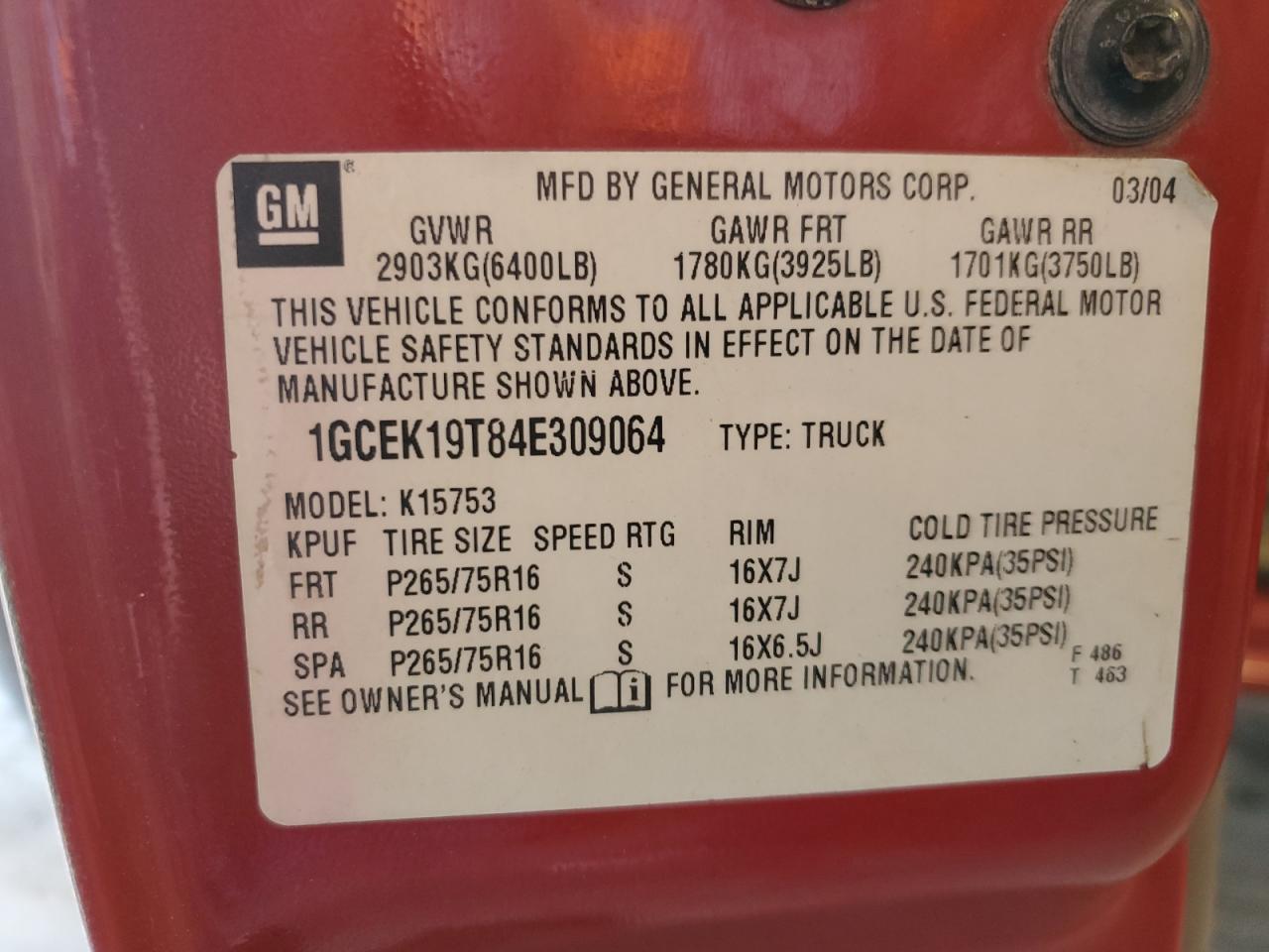 2004 Chevrolet Silverado K1500 VIN: 1GCEK19T84E309064 Lot: 73983964