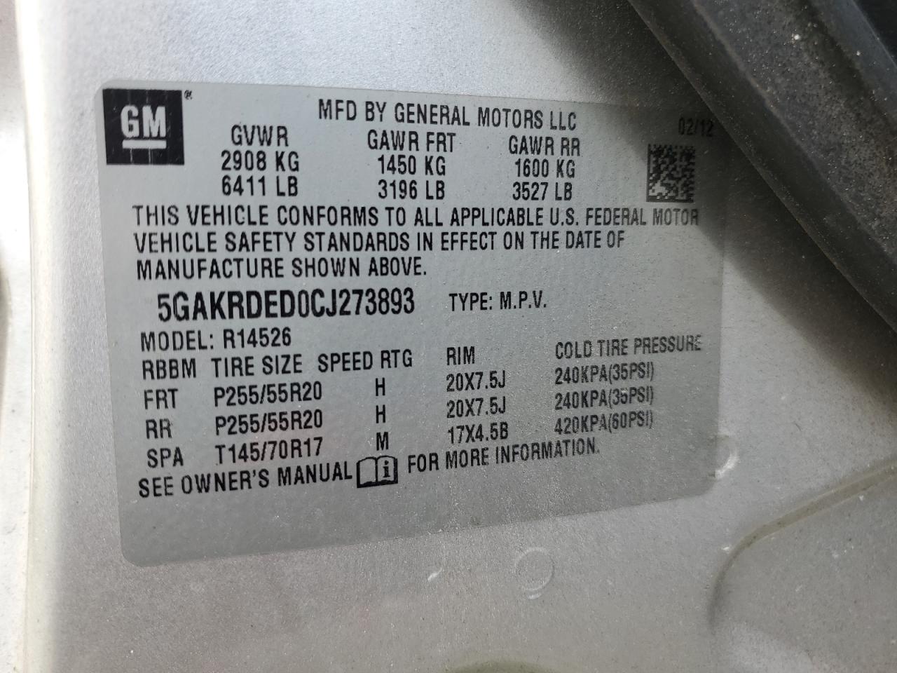 5GAKRDED0CJ273893 2012 Buick Enclave