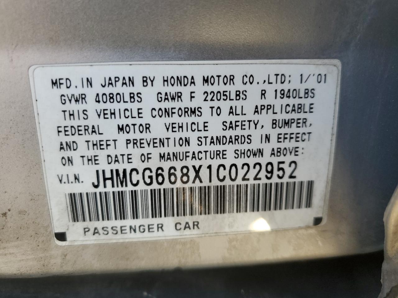 2001 Honda Accord Ex VIN: JHMCG668X1C022952 Lot: 73632204