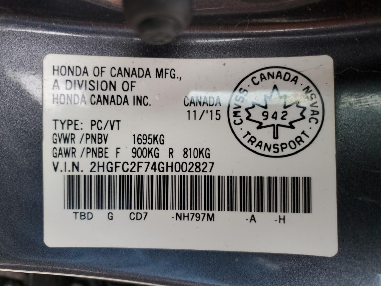 2HGFC2F74GH002827 2016 Honda Civic Ex