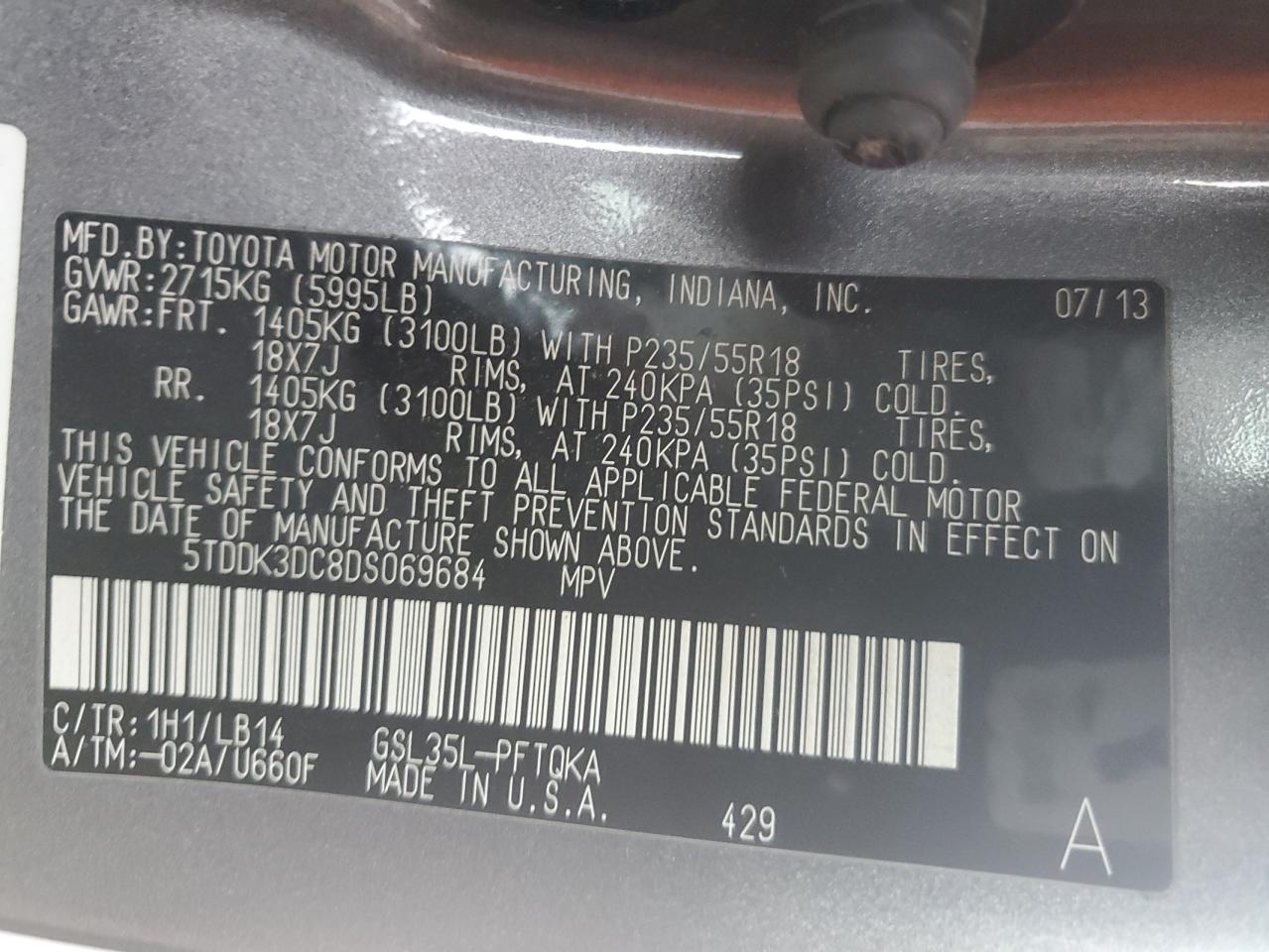 5TDDK3DC8DS069684 2013 Toyota Sienna Xle