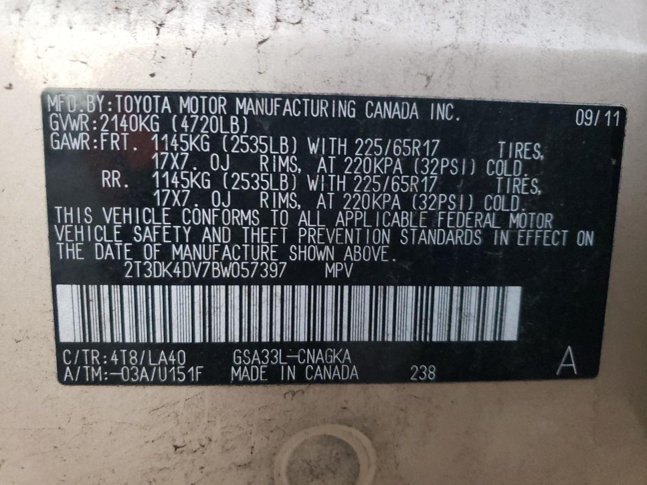 2011 Toyota Rav4 Limited VIN: 2T3DK4DV7BW057397 Lot: 73421914