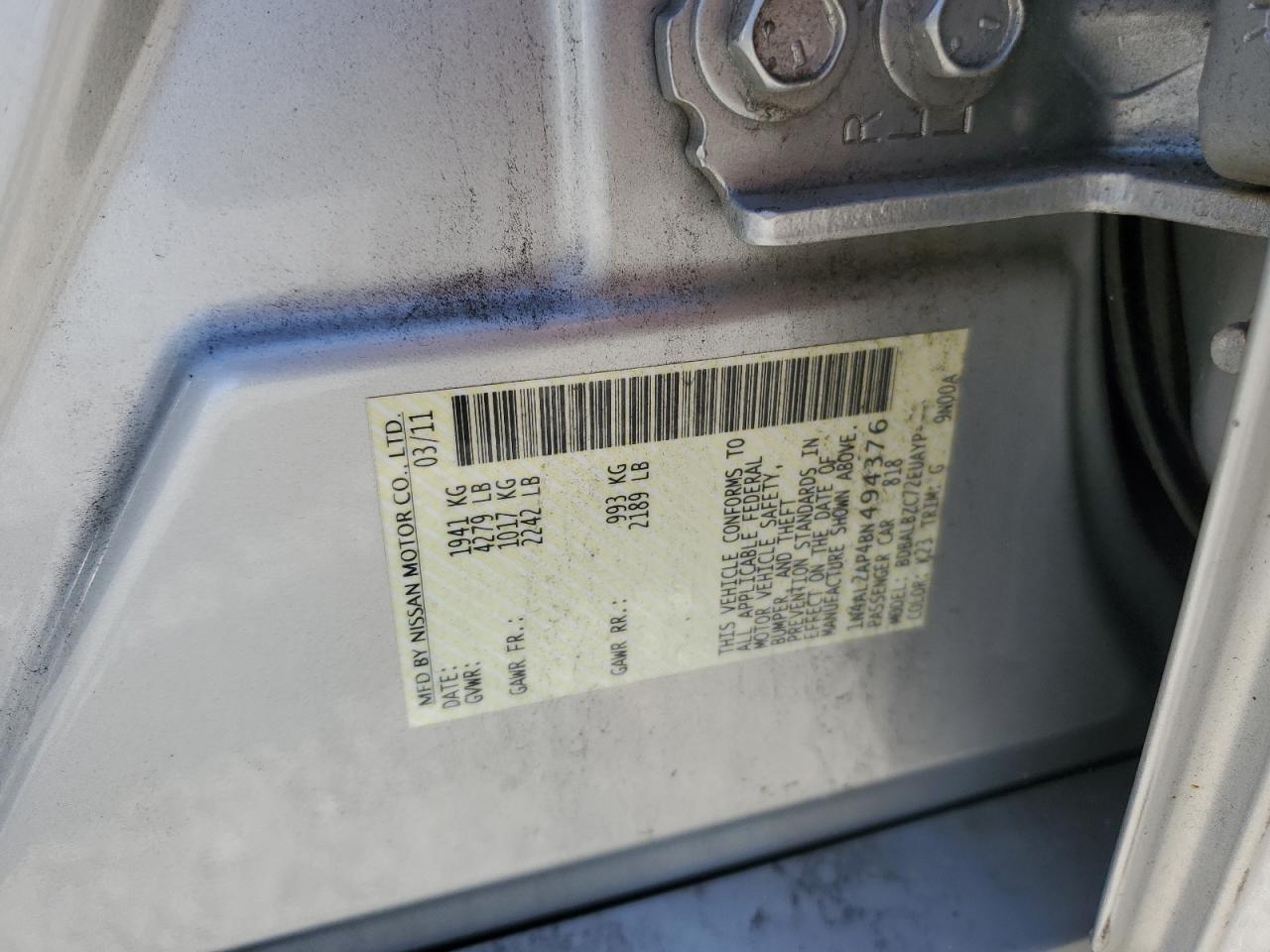 2011 Nissan Altima Base VIN: 1N4AL2AP4BN494376 Lot: 84172865