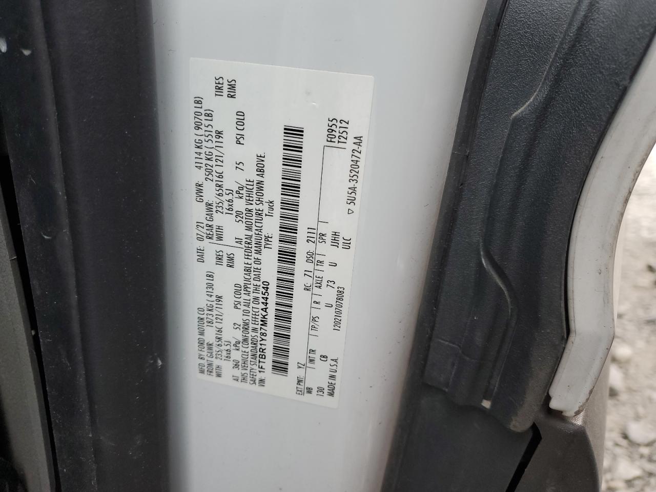 2021 Ford Transit T-250 VIN: 1FTBR1Y87MKA44540 Lot: 74791034