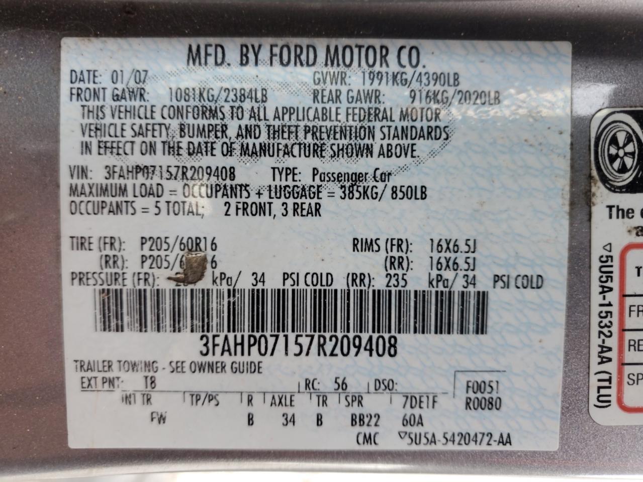 2007 Ford Fusion Se VIN: 3FAHP07157R209408 Lot: 78261054