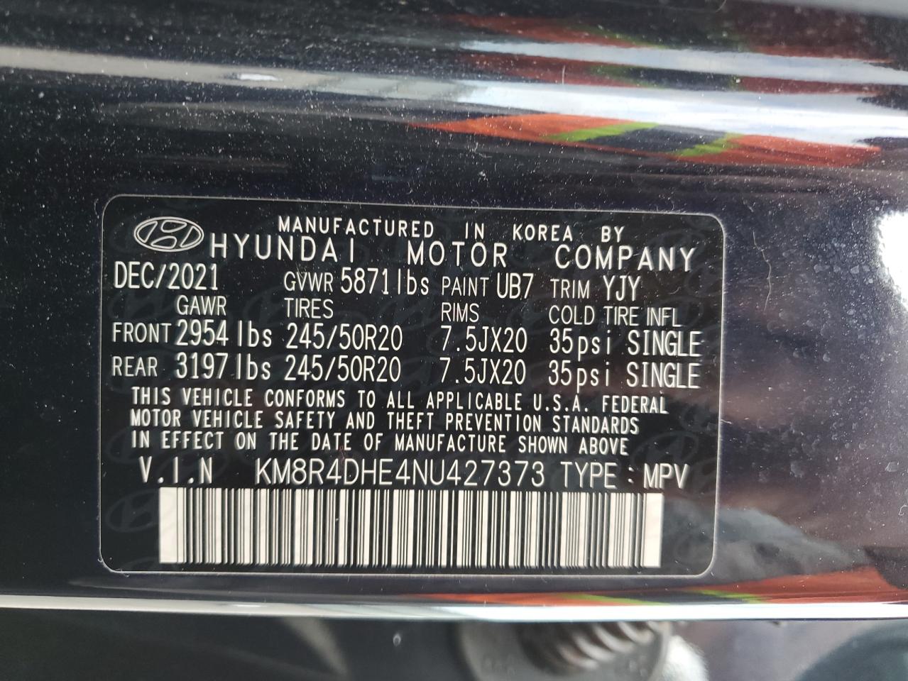 2022 Hyundai Palisade Sel VIN: KM8R4DHE4NU427373 Lot: 76032974