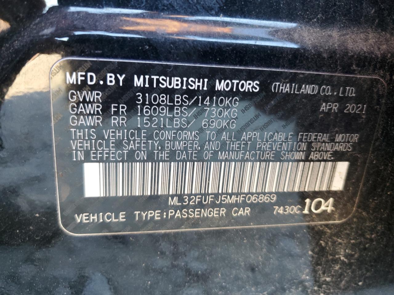 2021 Mitsubishi Mirage G4 Es VIN: ML32FUFJ5MHF06869 Lot: 75119964