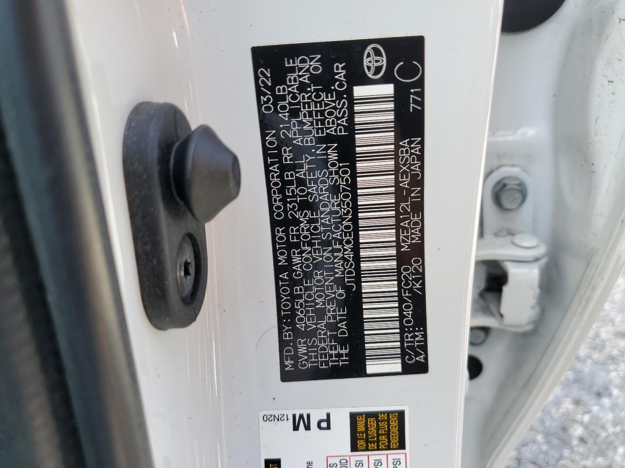 2022 Toyota Corolla Se VIN: JTDS4MCE0N3507501 Lot: 75527804