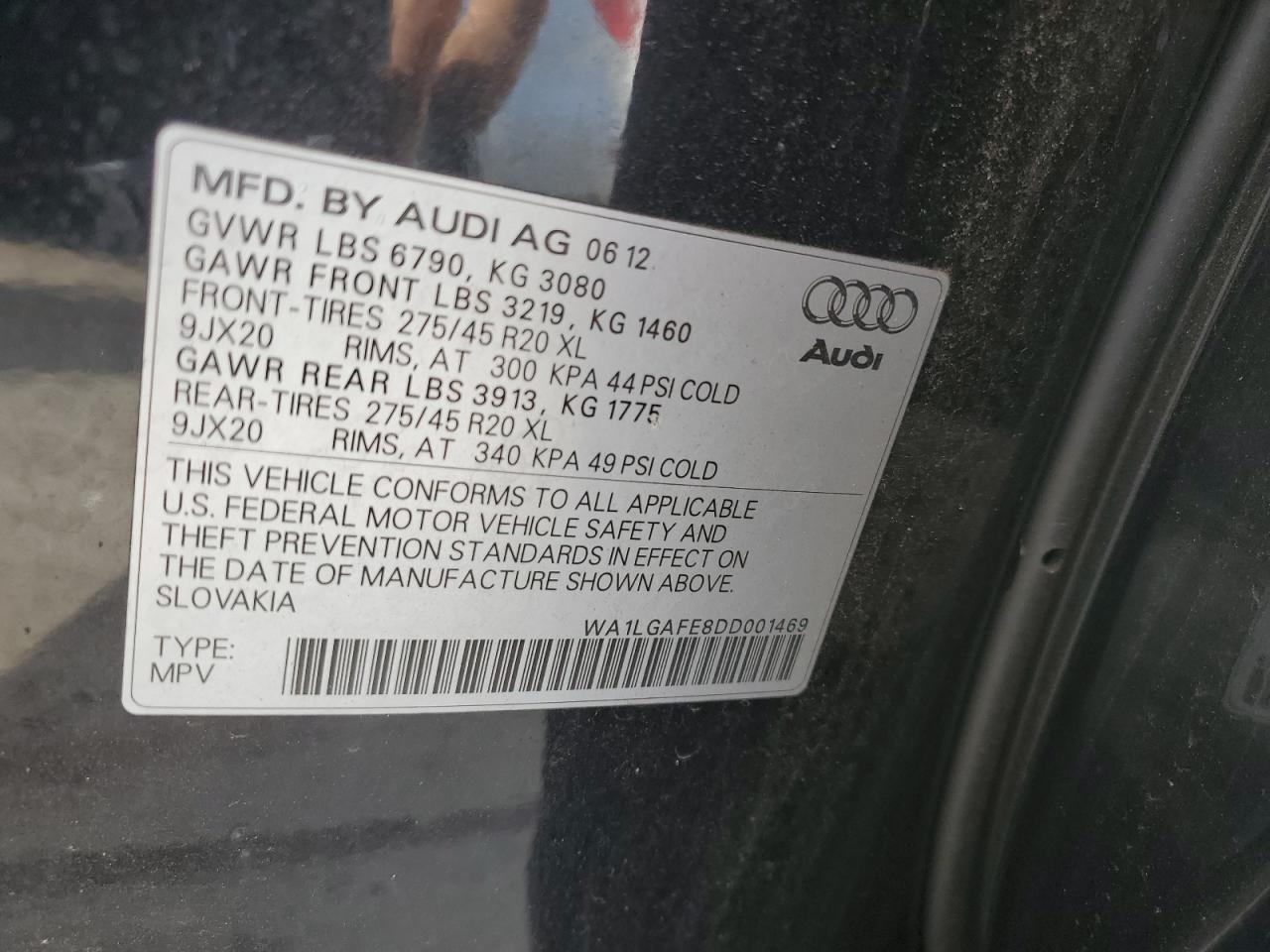 2013 Audi Q7 Premium Plus VIN: WA1LGAFE8DD001469 Lot: 78016154