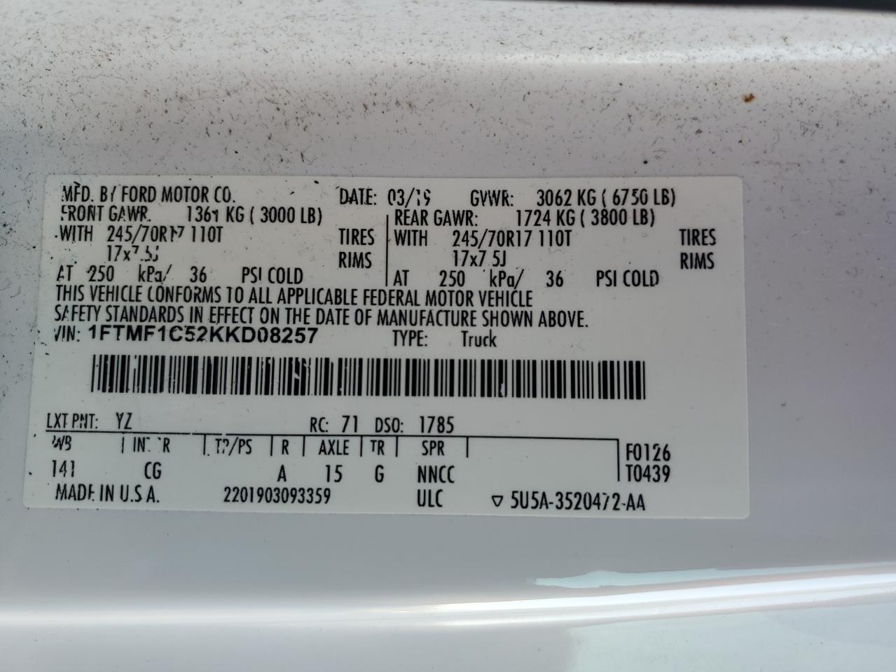 2019 Ford F150 VIN: 1FTMF1C52KKD08257 Lot: 76807684