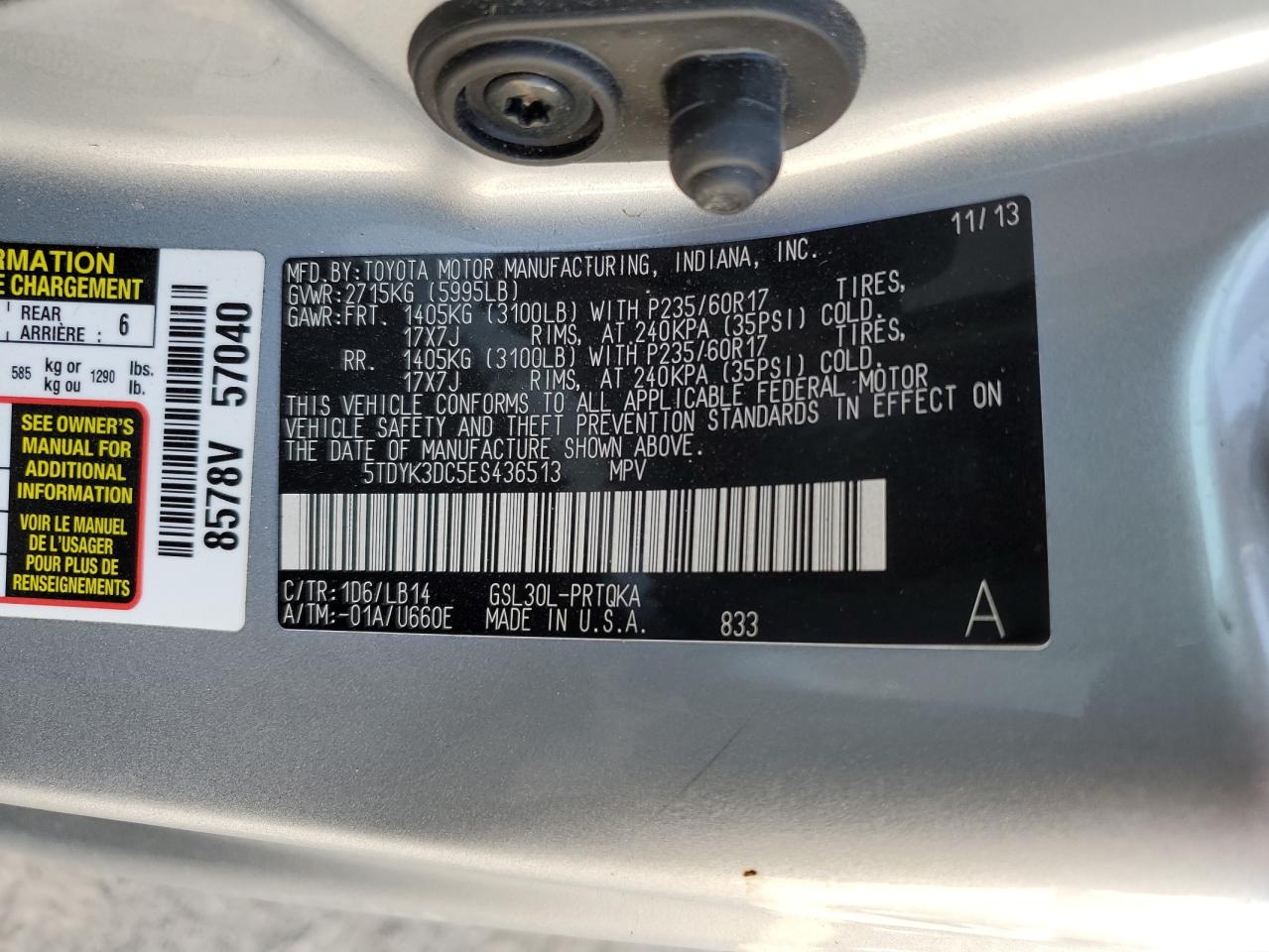 5TDYK3DC5ES436513 2014 Toyota Sienna Xle