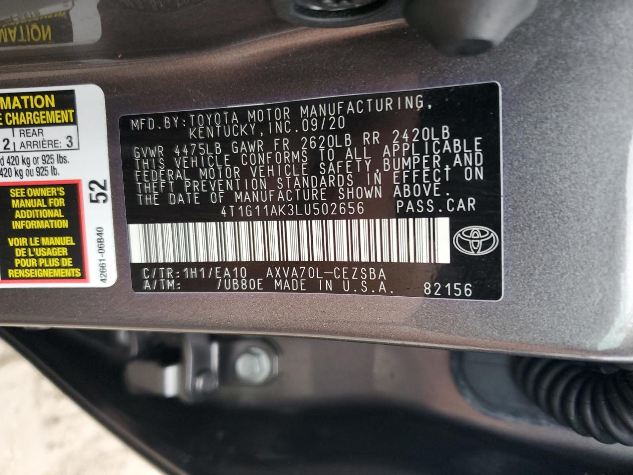 4T1G11AK3LU502656 2020 TOYOTA CAMRY - Image 13