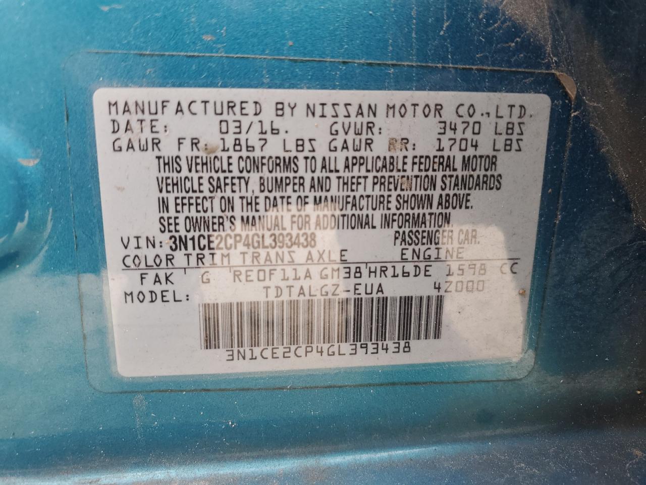 3N1CE2CP4GL393438 2016 Nissan Versa Note S