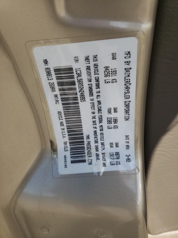 2002 Chrysler Sebring Lxi VIN: 1C3AL56R52N240265 Lot: 77464884