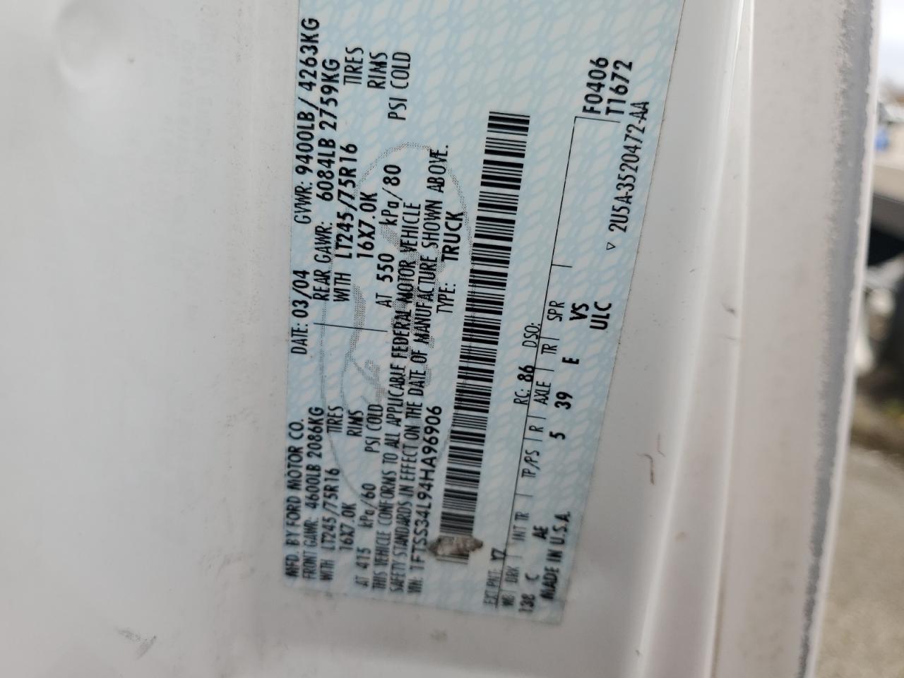 2004 Ford Econoline E350 Super Duty Van VIN: 1FTSS34L94HA96906 Lot: 77596664