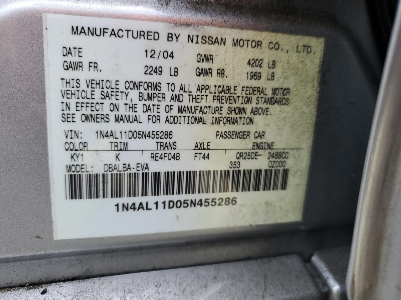 2005 Nissan Altima S VIN: 1N4AL11D05N455286 Lot: 76390924