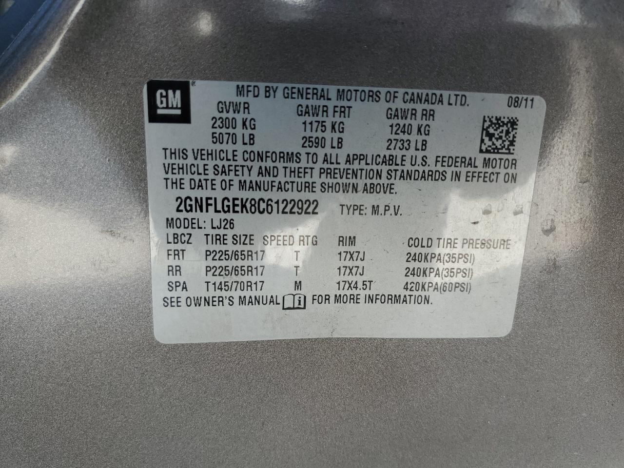 2GNFLGEK8C6122922 2012 Chevrolet Equinox Ltz