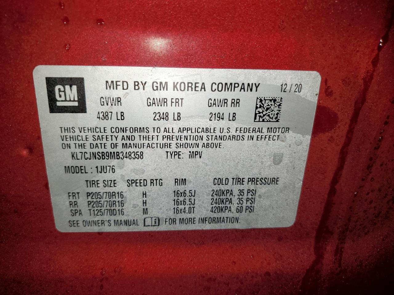 VIN KL7CJNSB9MB348358 2021 CHEVROLET TRAX no.14