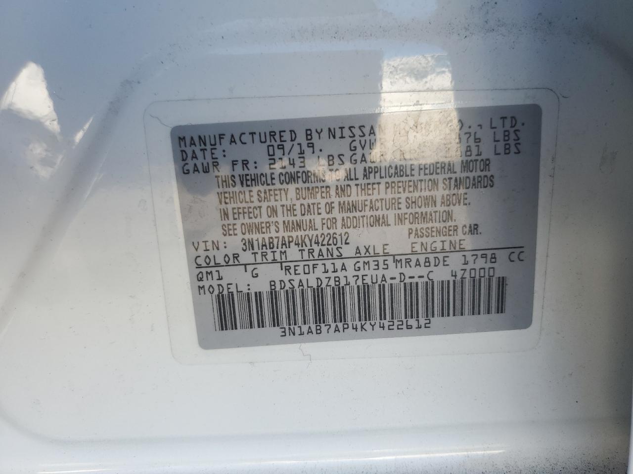 3N1AB7AP4KY422612 2019 Nissan Sentra S