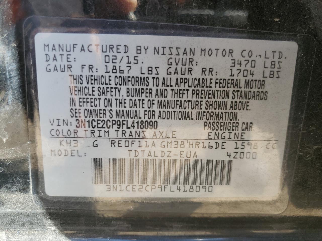 3N1CE2CP9FL418090 2015 Nissan Versa Note S