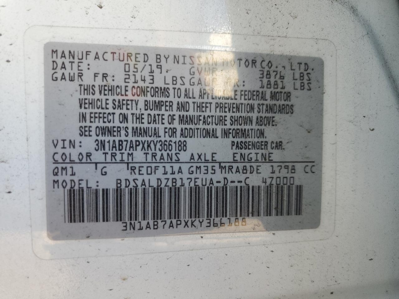 3N1AB7APXKY366188 2019 Nissan Sentra S