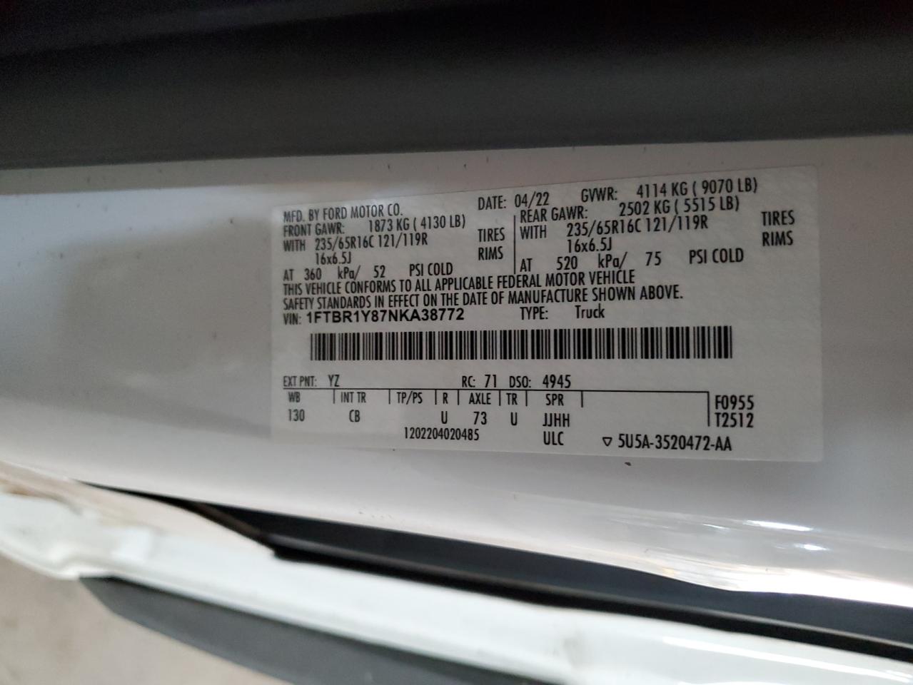 2022 Ford Transit T-250 VIN: 1FTBR1Y87NKA38772 Lot: 75759324