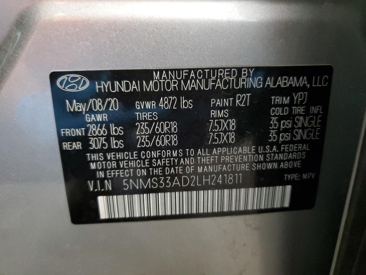 2020 Hyundai Santa Fe Sel VIN: 5NMS33AD2LH241811 Lot: 75623804