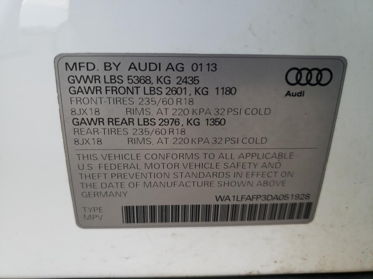 2013 Audi Q5 Premium Plus VIN: WA1LFAFP3DA051928 Lot: 75746544