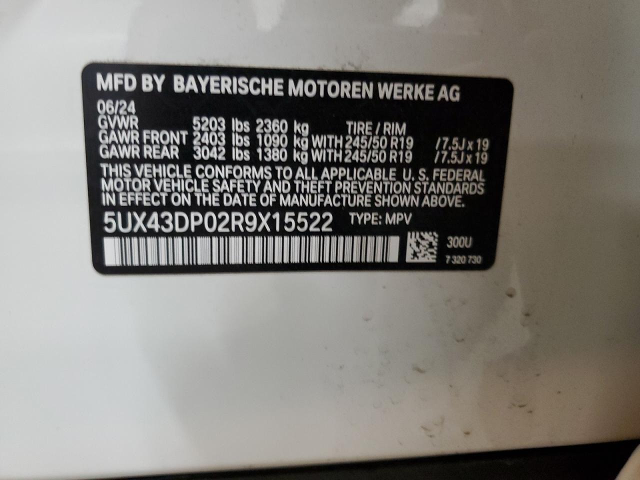 5UX43DP02R9X15522 2024 BMW X3 Sdrive30I