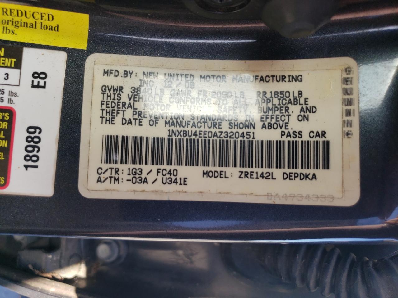 1NXBU4EE0AZ320451 2010 Toyota Corolla Base