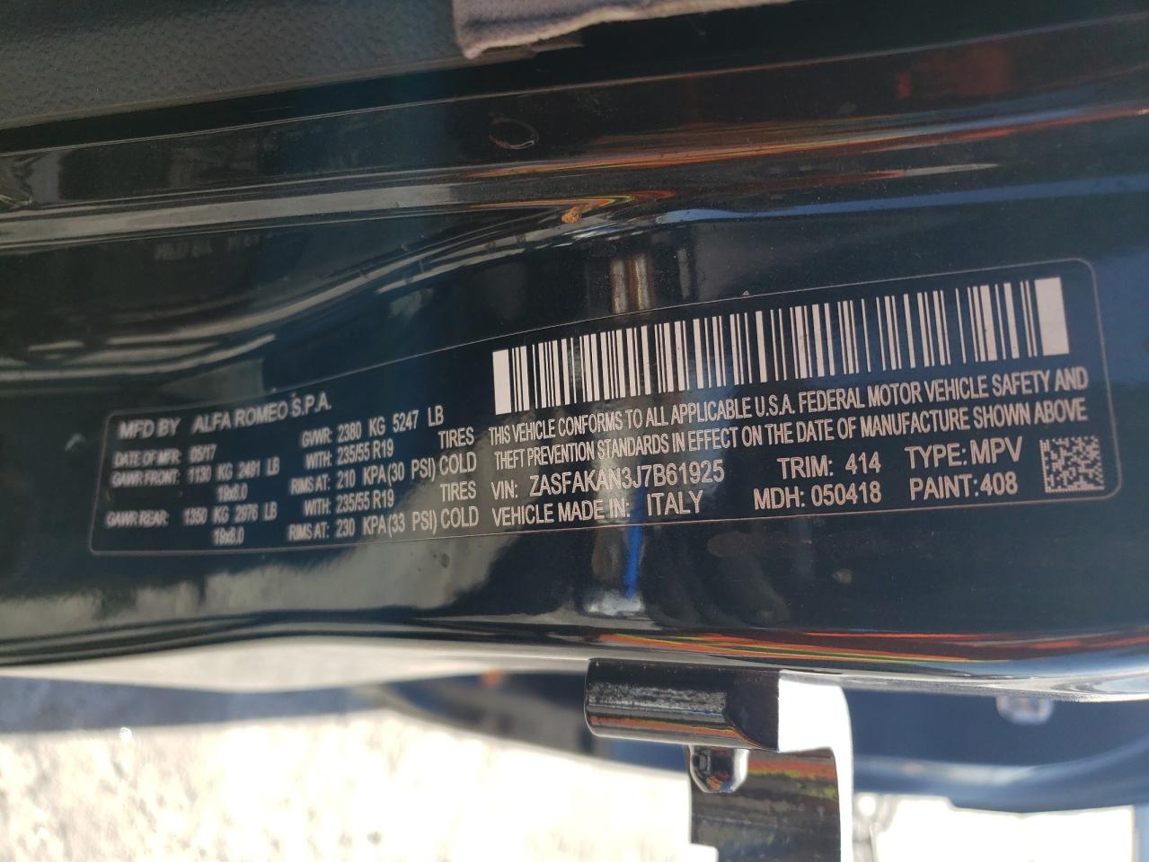 2018 Alfa Romeo Stelvio VIN: ZASFAKAN3J7B61925 Lot: 77033704