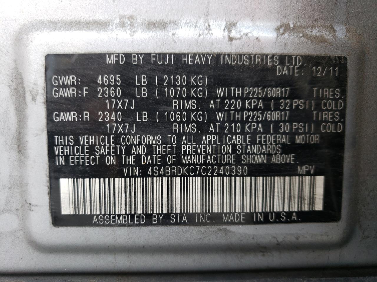 2012 Subaru Outback 3.6R Limited VIN: 4S4BRDKC7C2240390 Lot: 75479014