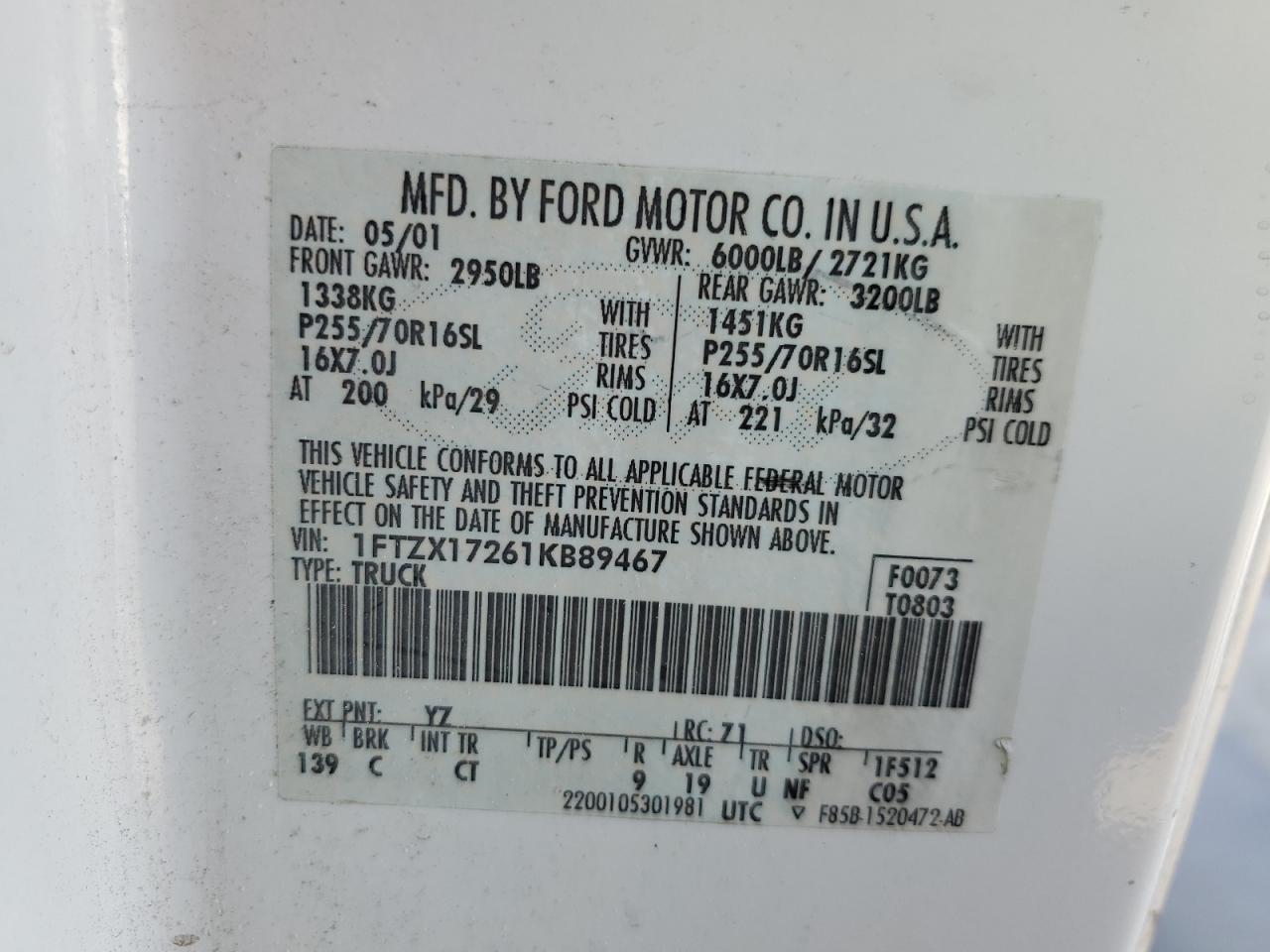 1FTZX17261KB89467 2001 Ford F150