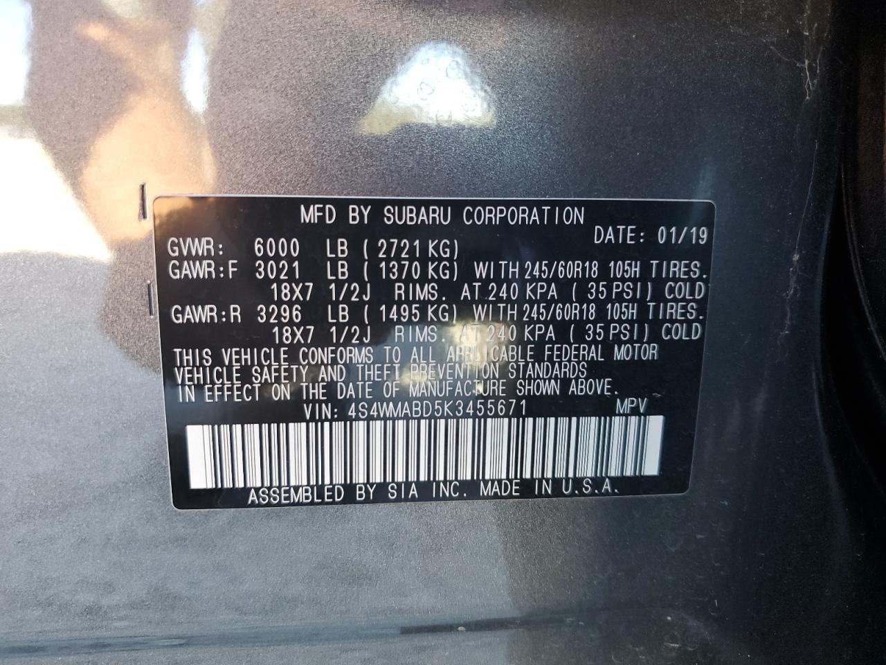 4S4WMABD5K3455671 2019 Subaru Ascent Premium