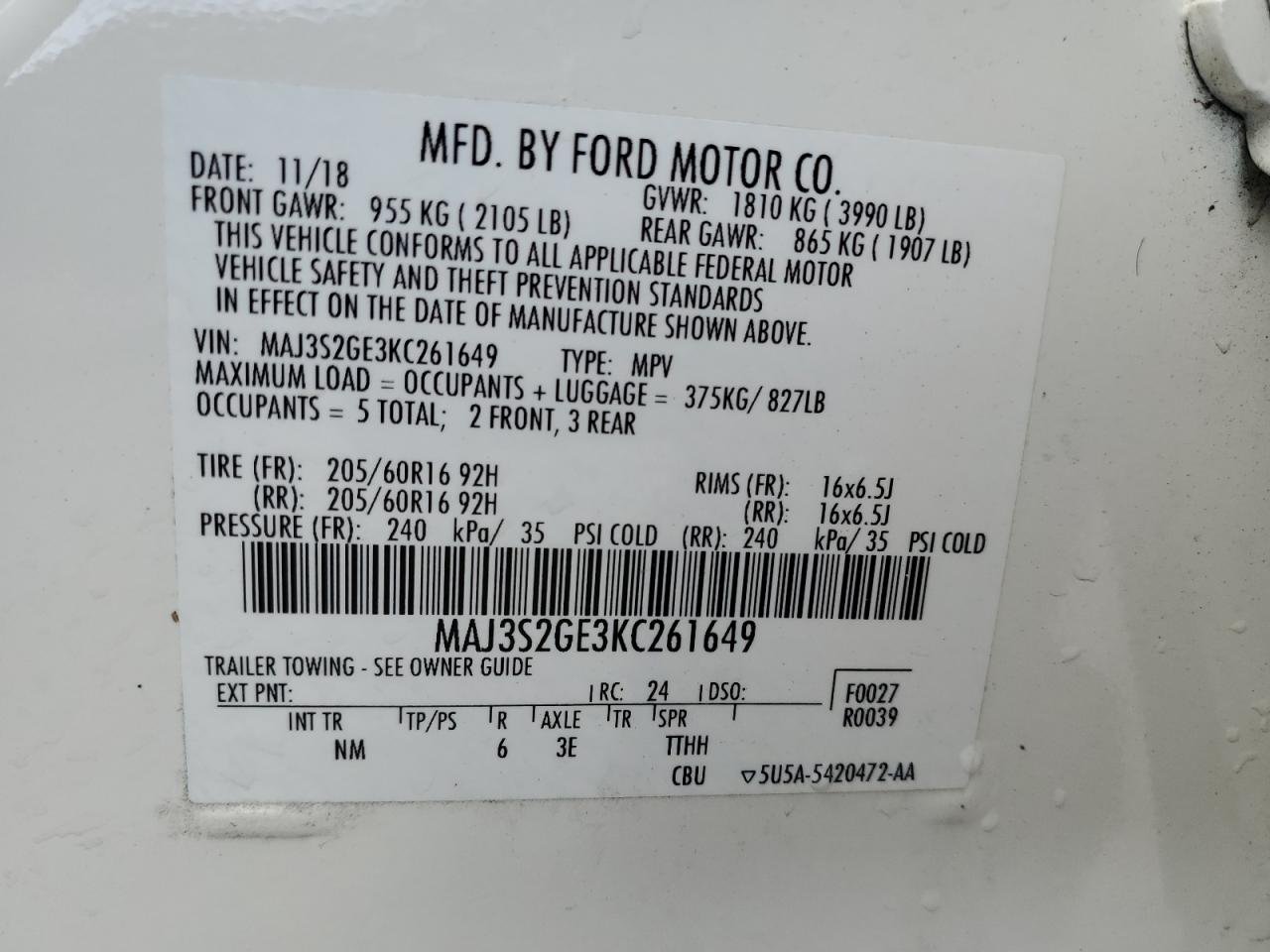 2019 Ford Ecosport Se VIN: MAJ3S2GE3KC261649 Lot: 76366264