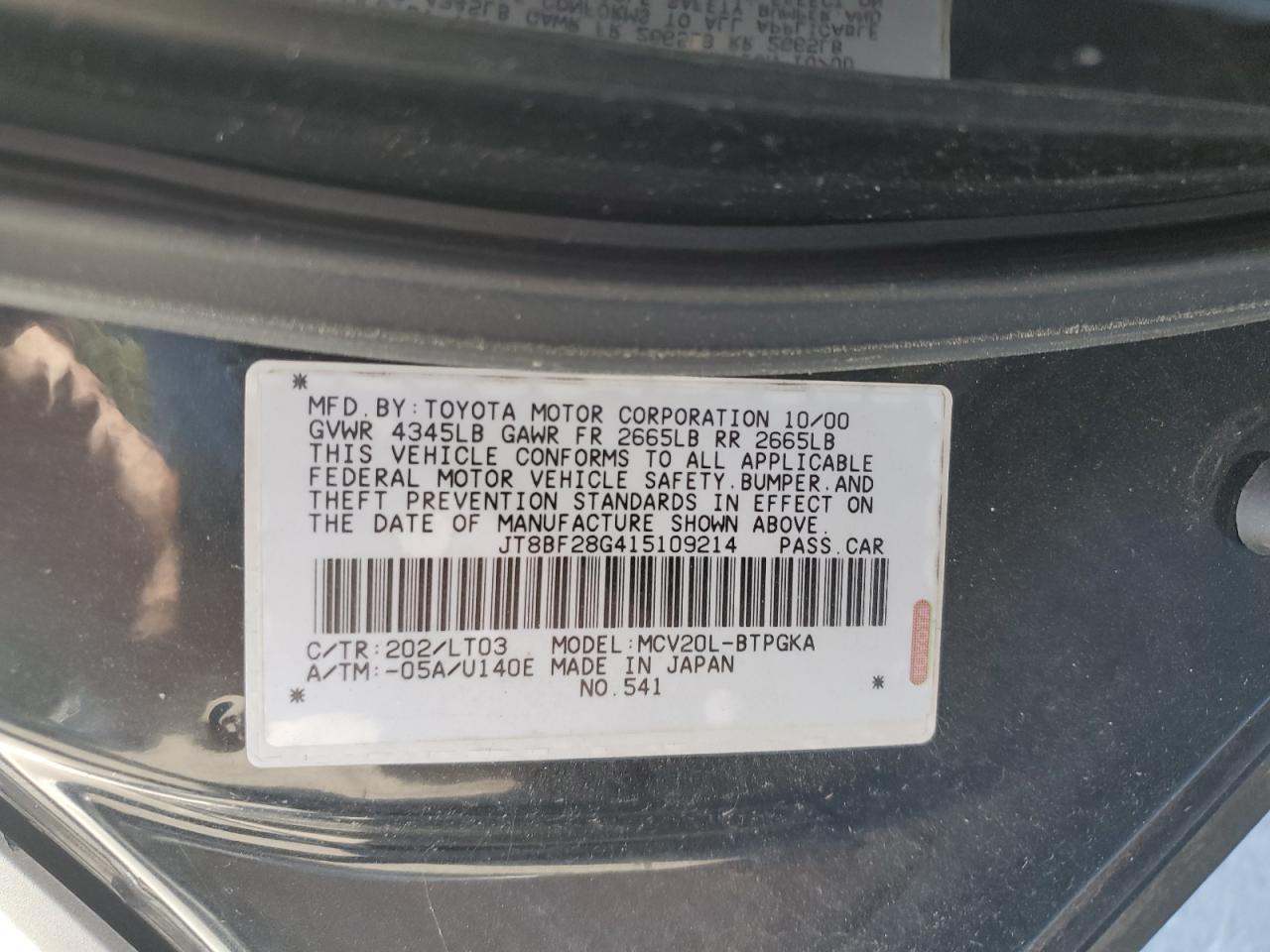 2001 Lexus Es 300 VIN: JT8BF28G415109214 Lot: 74464104