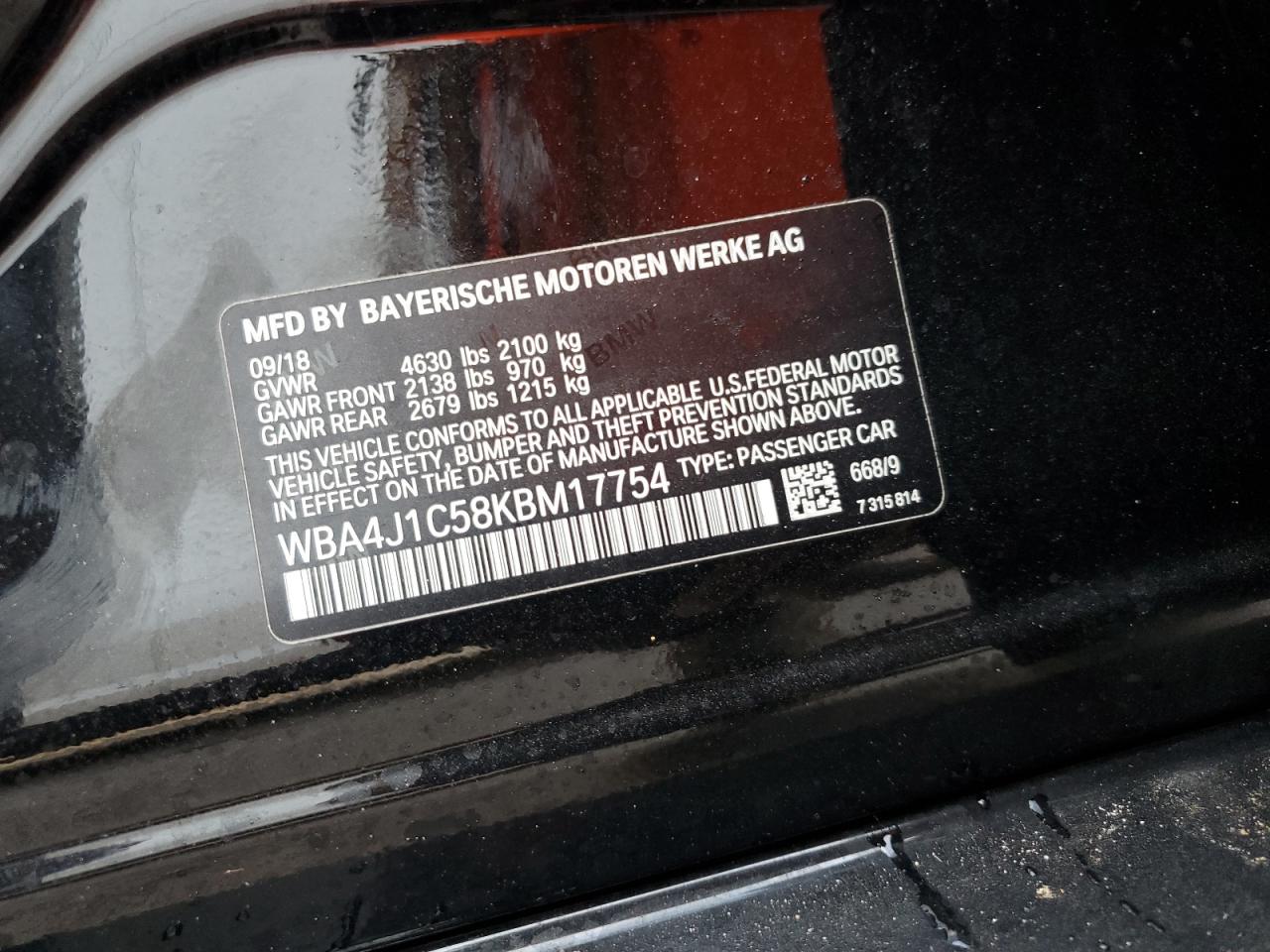 2019 BMW 430I Gran Coupe VIN: WBA4J1C58KBM17754 Lot: 74333734