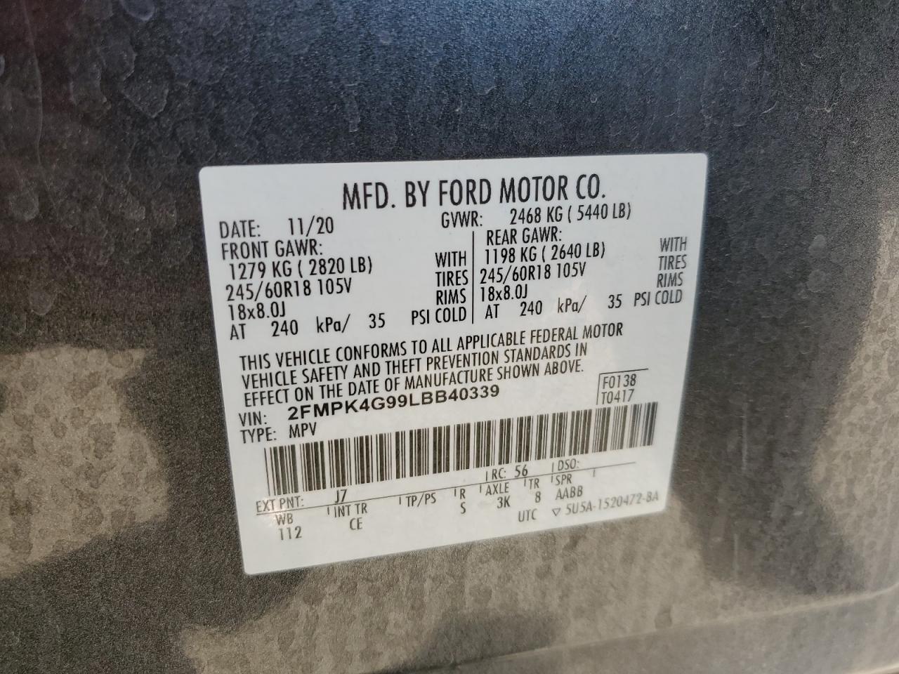 2020 Ford Edge Se VIN: 2FMPK4G99LBB40339 Lot: 77380244