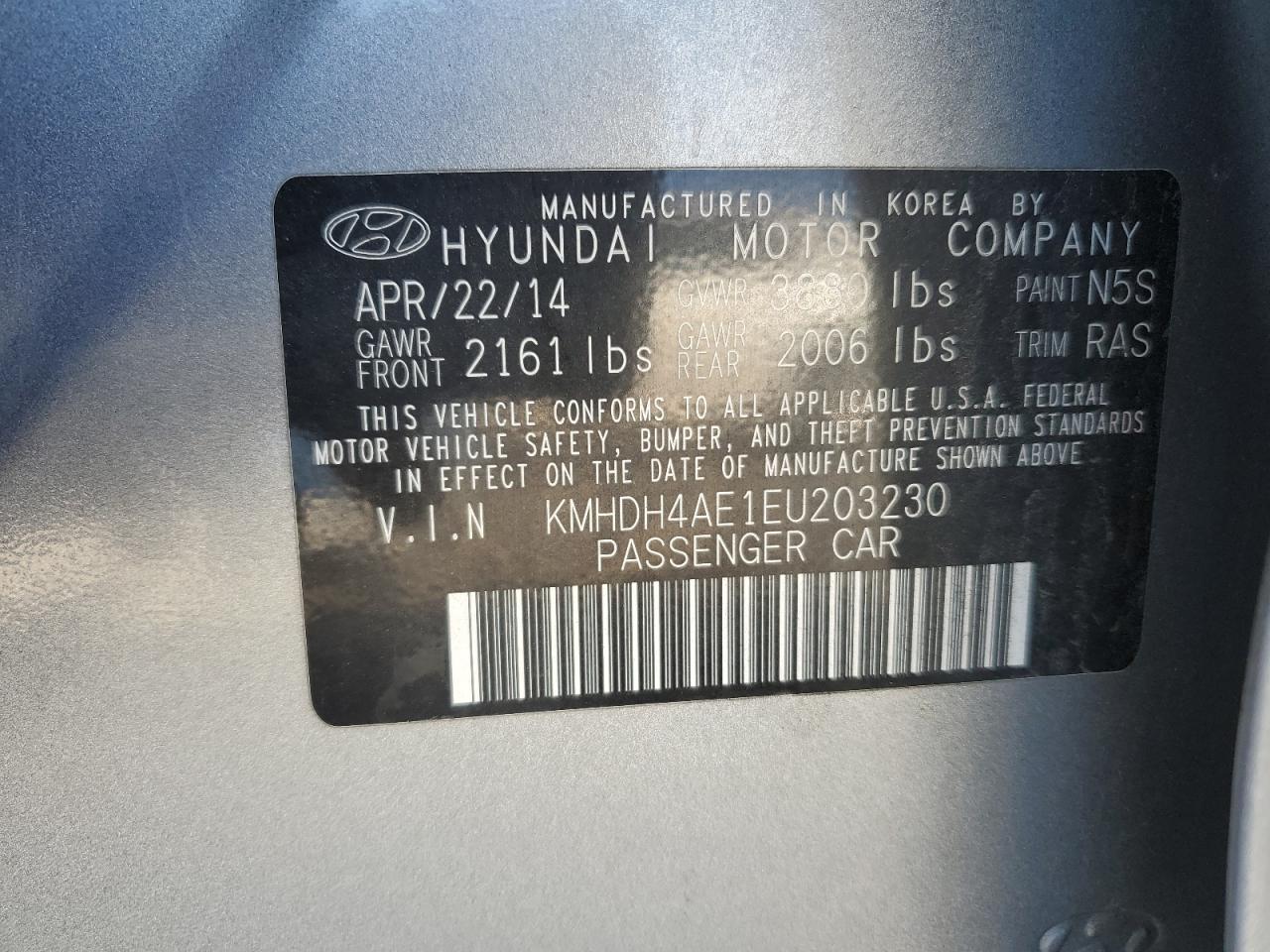 2014 Hyundai Elantra Se VIN: KMHDH4AE1EU203230 Lot: 75623364