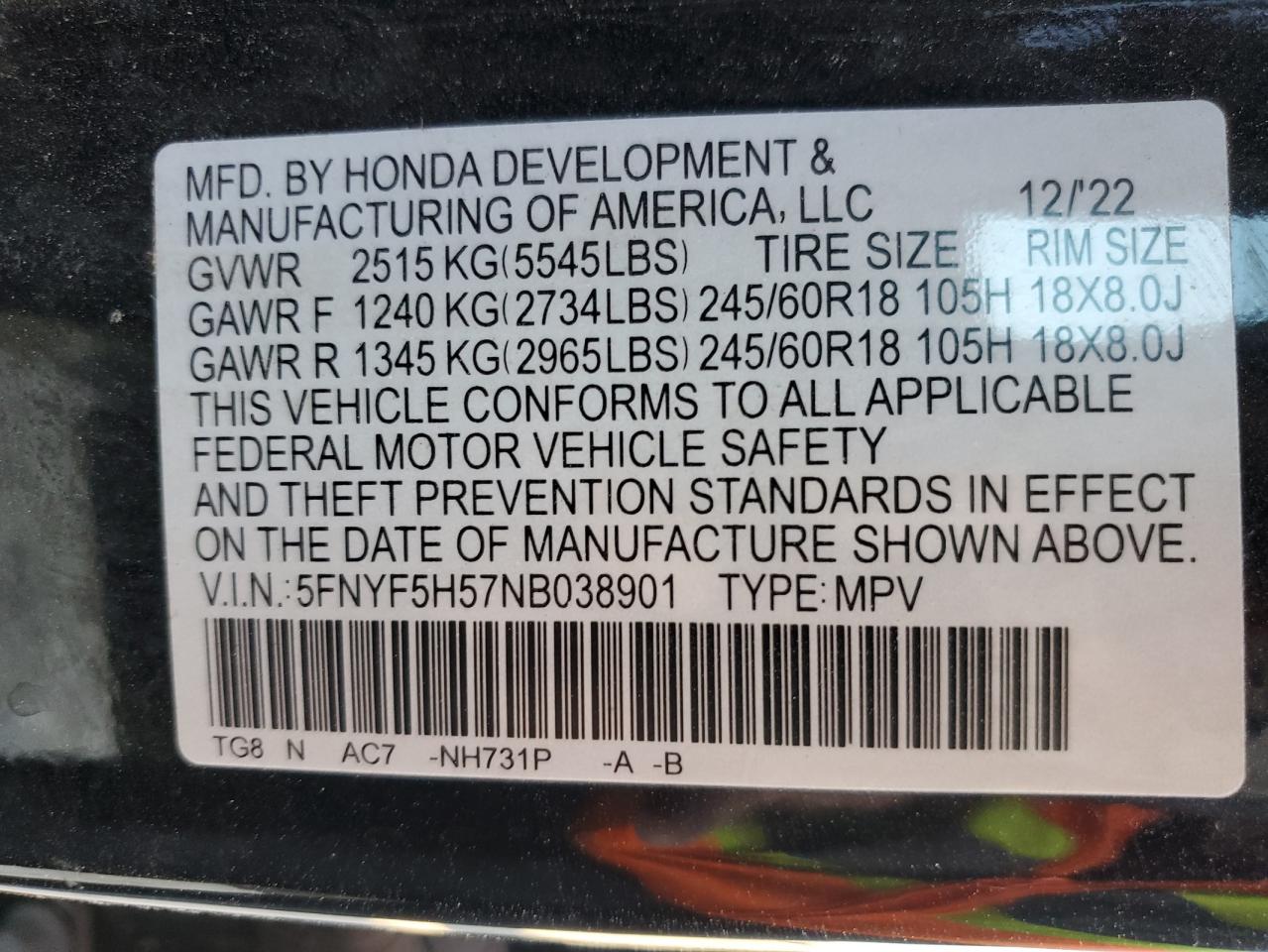 5FNYF5H57NB038901 2022 Honda Pilot Exl