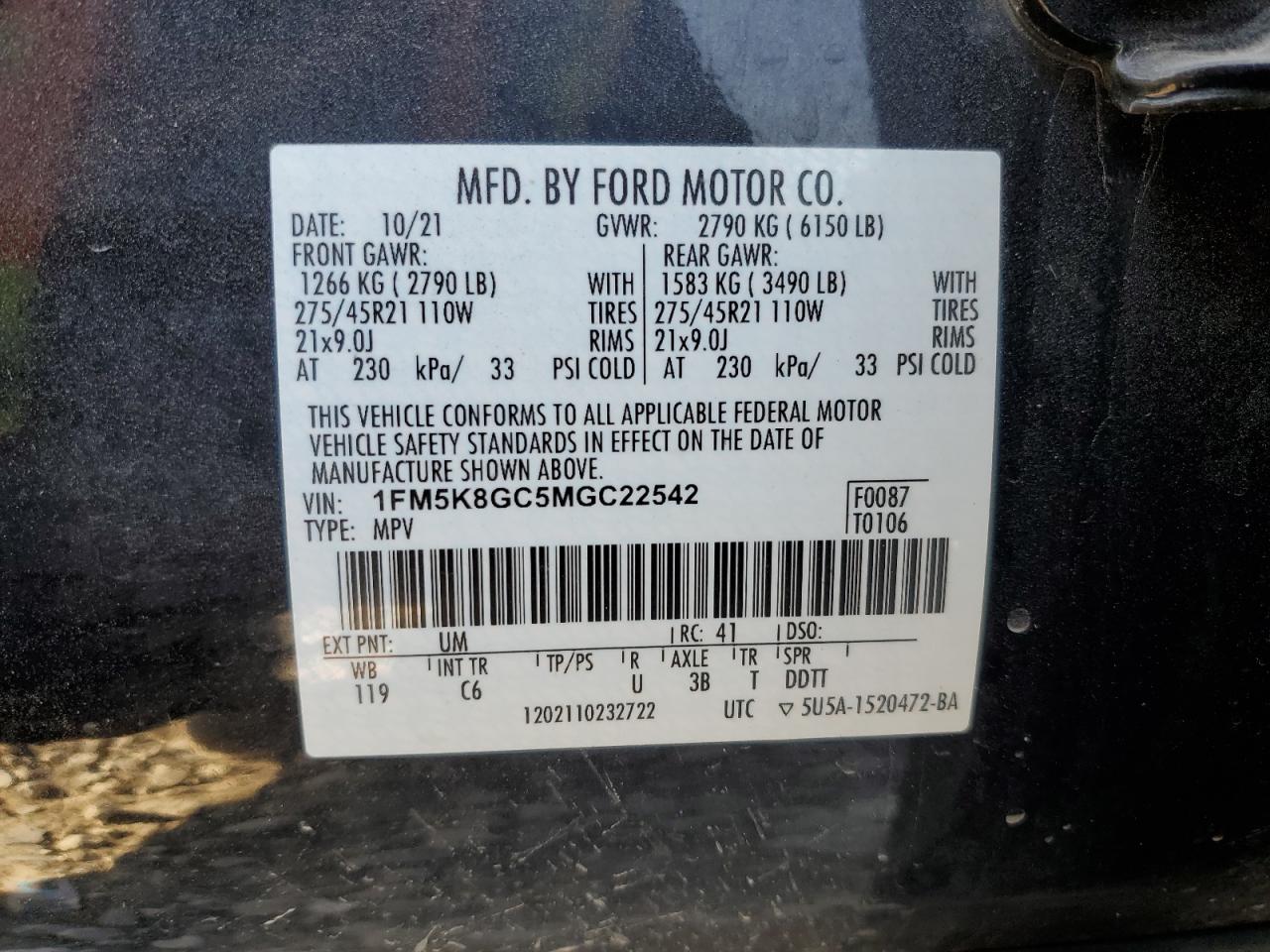 2021 Ford Explorer St VIN: 1FM5K8GC5MGC22542 Lot: 78021204