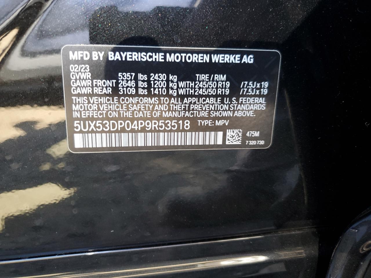 2023 BMW X3 xDrive30I VIN: 5UX53DP04P9R53518 Lot: 77610314