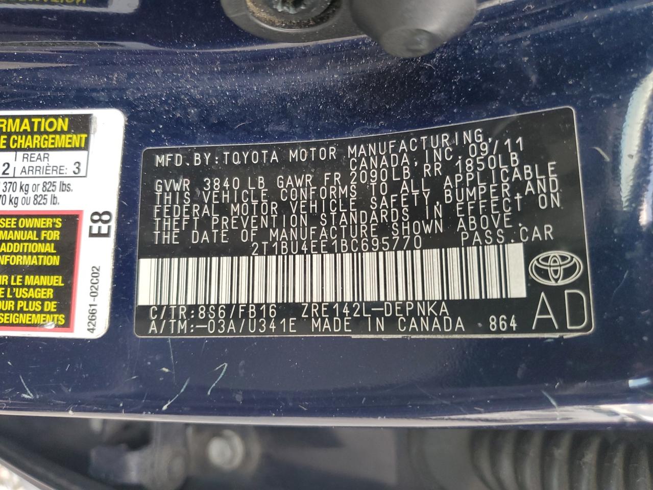 2T1BU4EE1BC695770 2011 Toyota Corolla Base