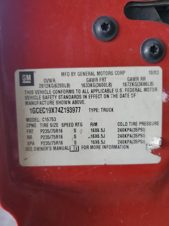 2004 Chevrolet Silverado C1500 VIN: 1GCEC19X74Z193977 Lot: 74755244