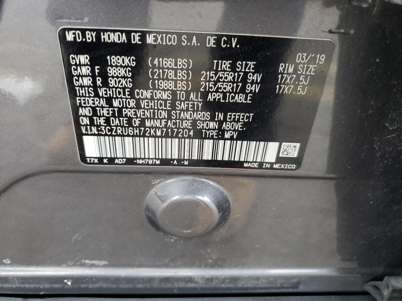 2019 Honda Hr-V Exl VIN: 3CZRU6H72KM717204 Lot: 75717134