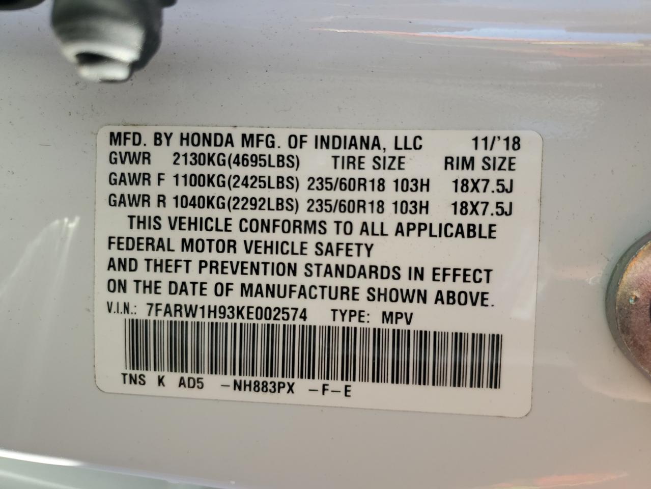 2019 Honda Cr-V Touring VIN: 7FARW1H93KE002574 Lot: 76916124